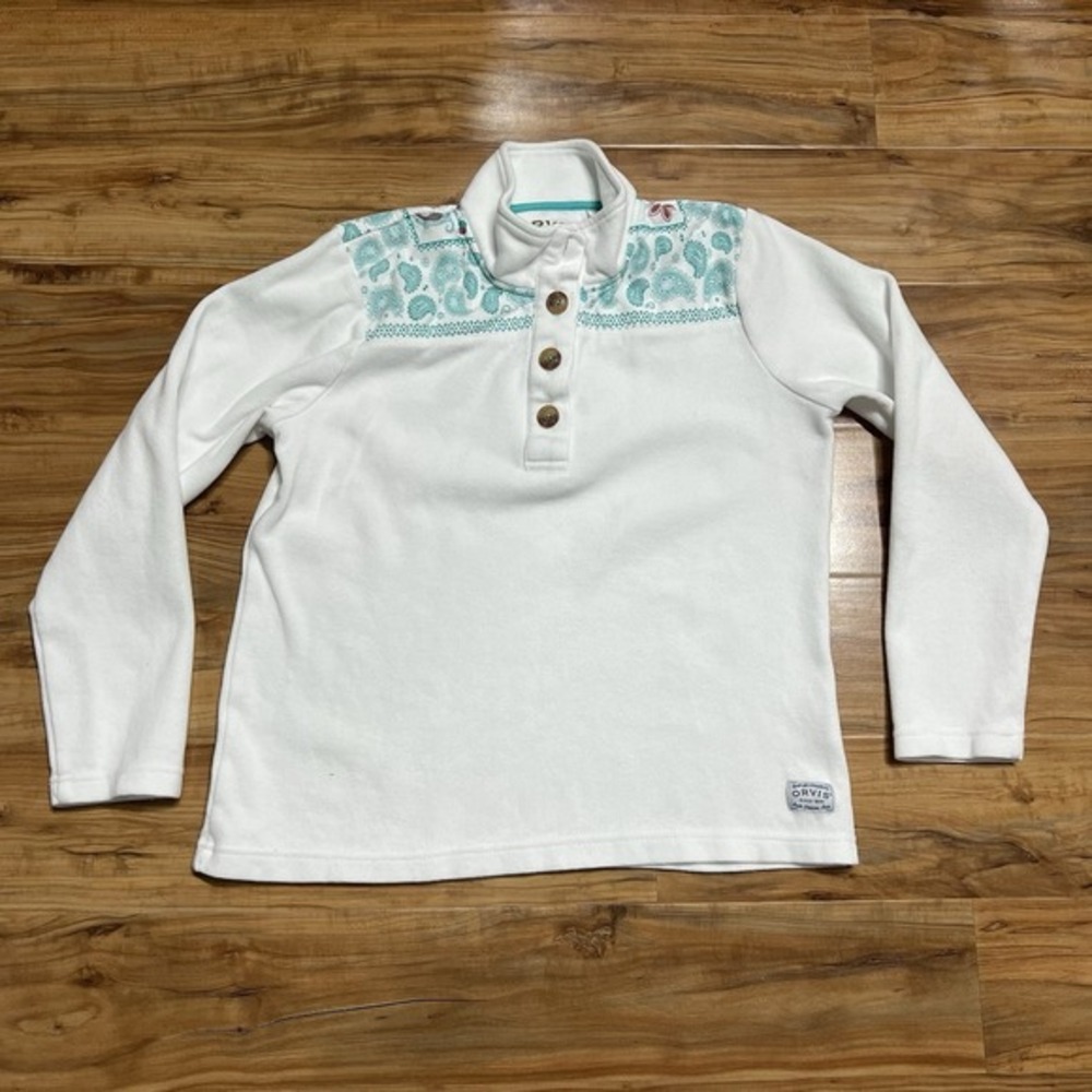 Orvis Women's M White Long Sleeve Polo Paisley Button Floral cotton Sweatshirt